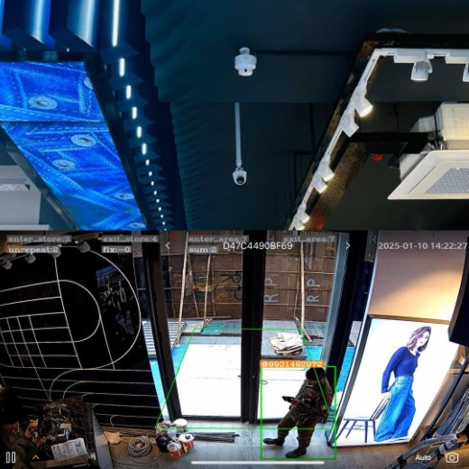 Ceiling-mounted sensors and digital displays at the Levi's and Nike store in Dhanmondi, Dhaka