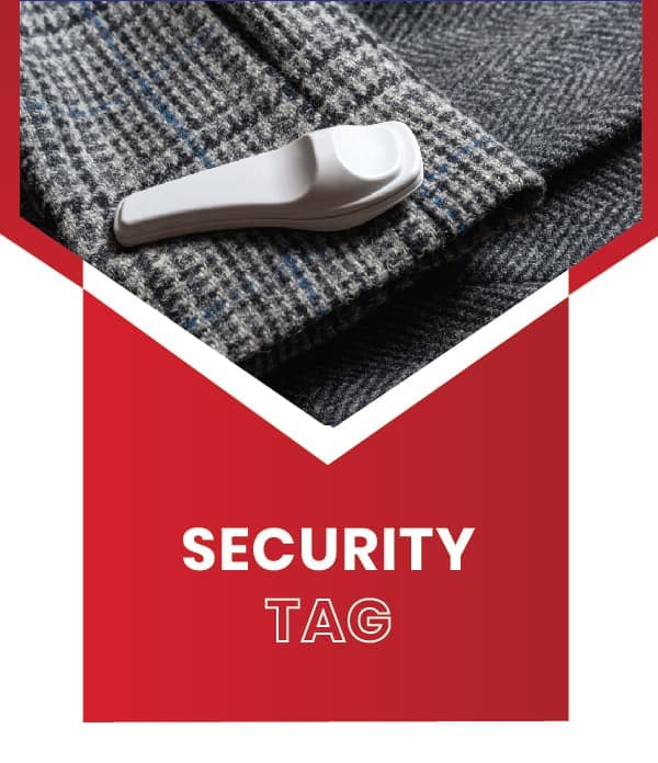 A RATS BD reusable security hard tag pinned to a garment